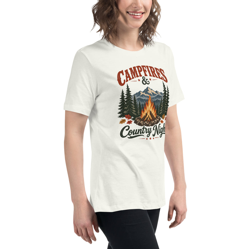 women's white t-shirt with wooded camping area graphic that says "Campfires & Country Nights"