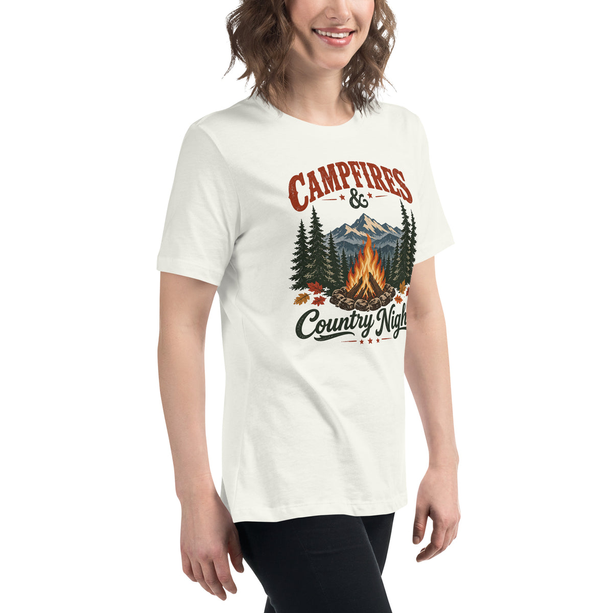 women's white t-shirt with wooded camping area graphic that says "Campfires & Country Nights"