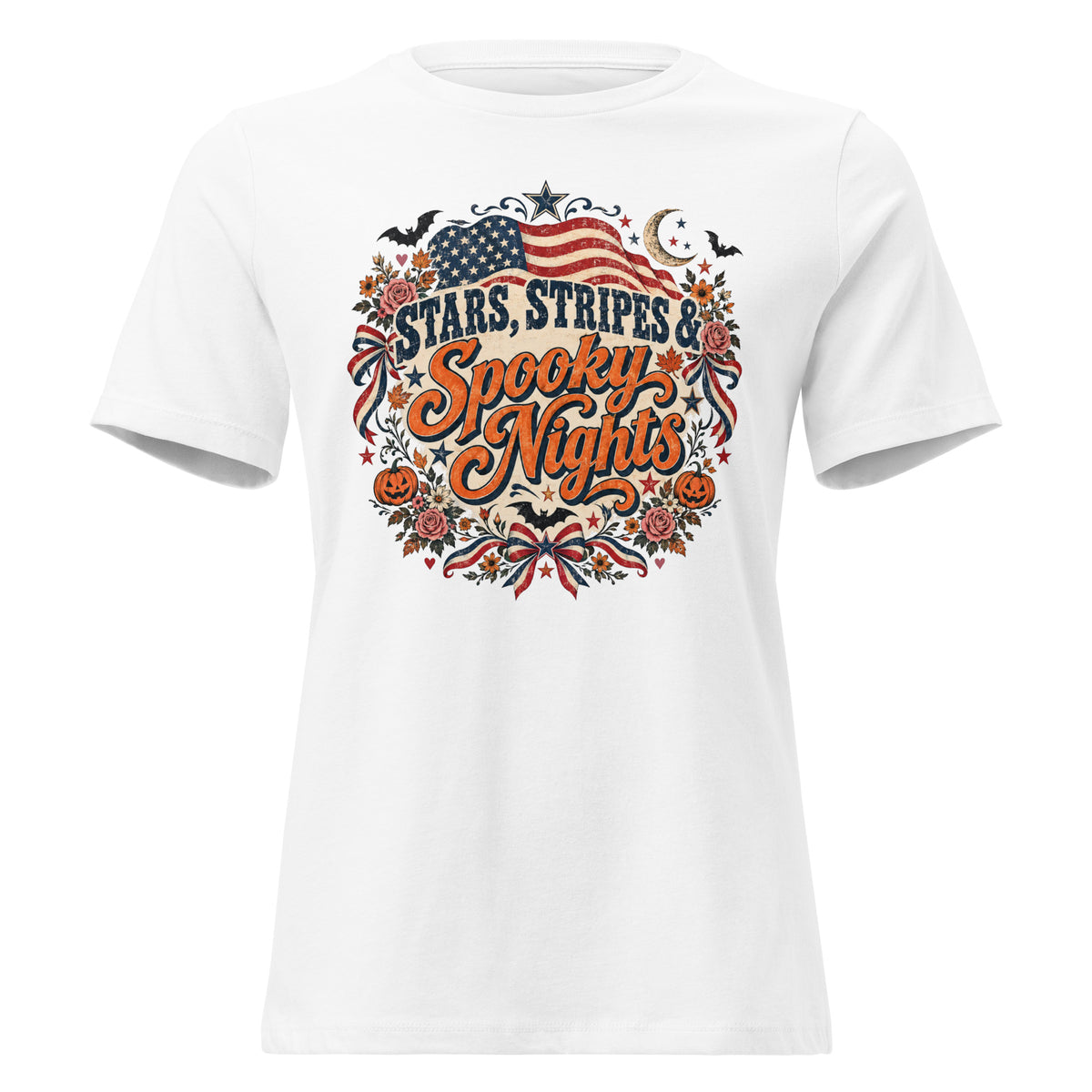 white shirt with circular focal point that says "Stars, stripes & Spooky nights", with American flag, flowers, bats, and Halloween accents around