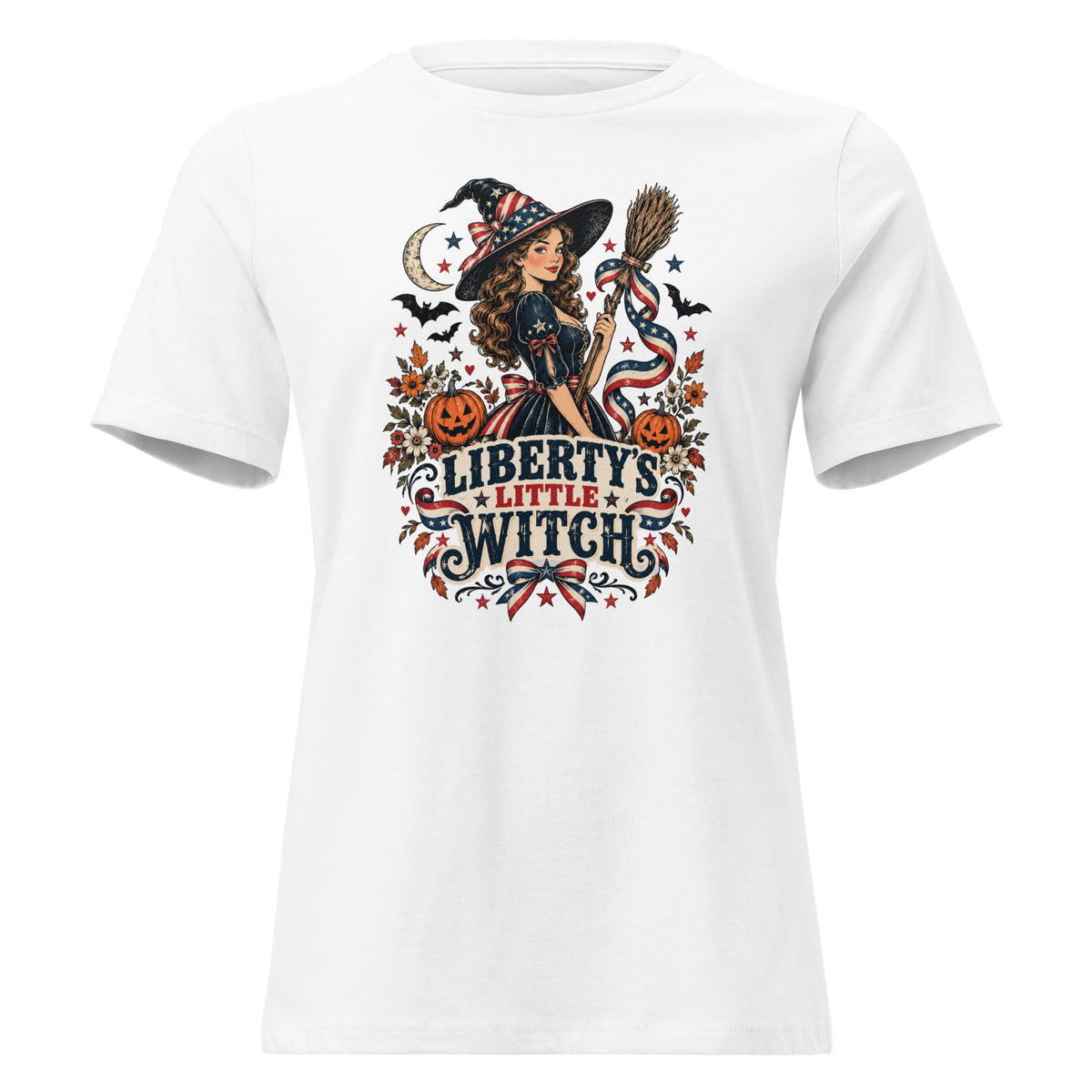 white women's shirt with American theme witch, and halloween/fall inspired small icons with text saying "Liberty's Little Witch"