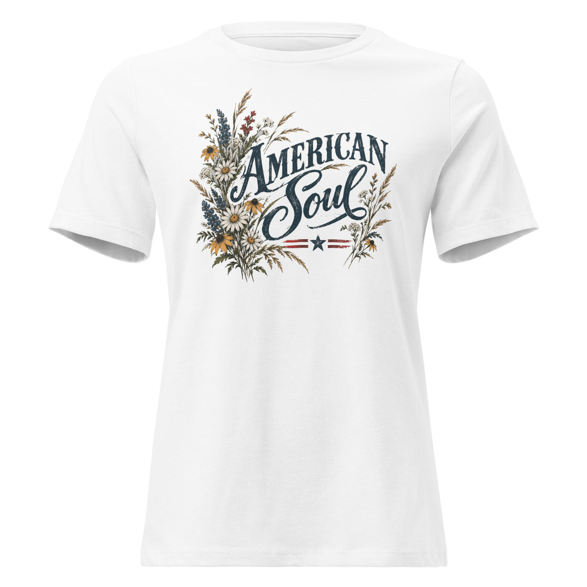 white women's shirt with a wildflower graphic to the left of the text "American soul"