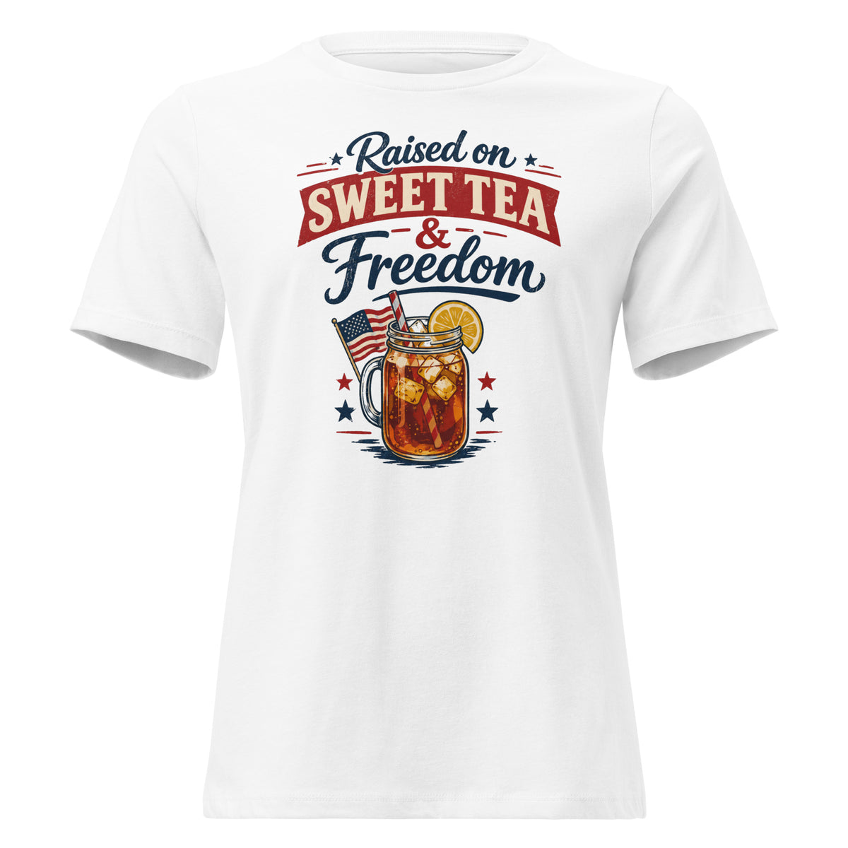 women's white t-shirt that says "raised on sweet tea and freedom" with American flag and cartoon tea mason jar