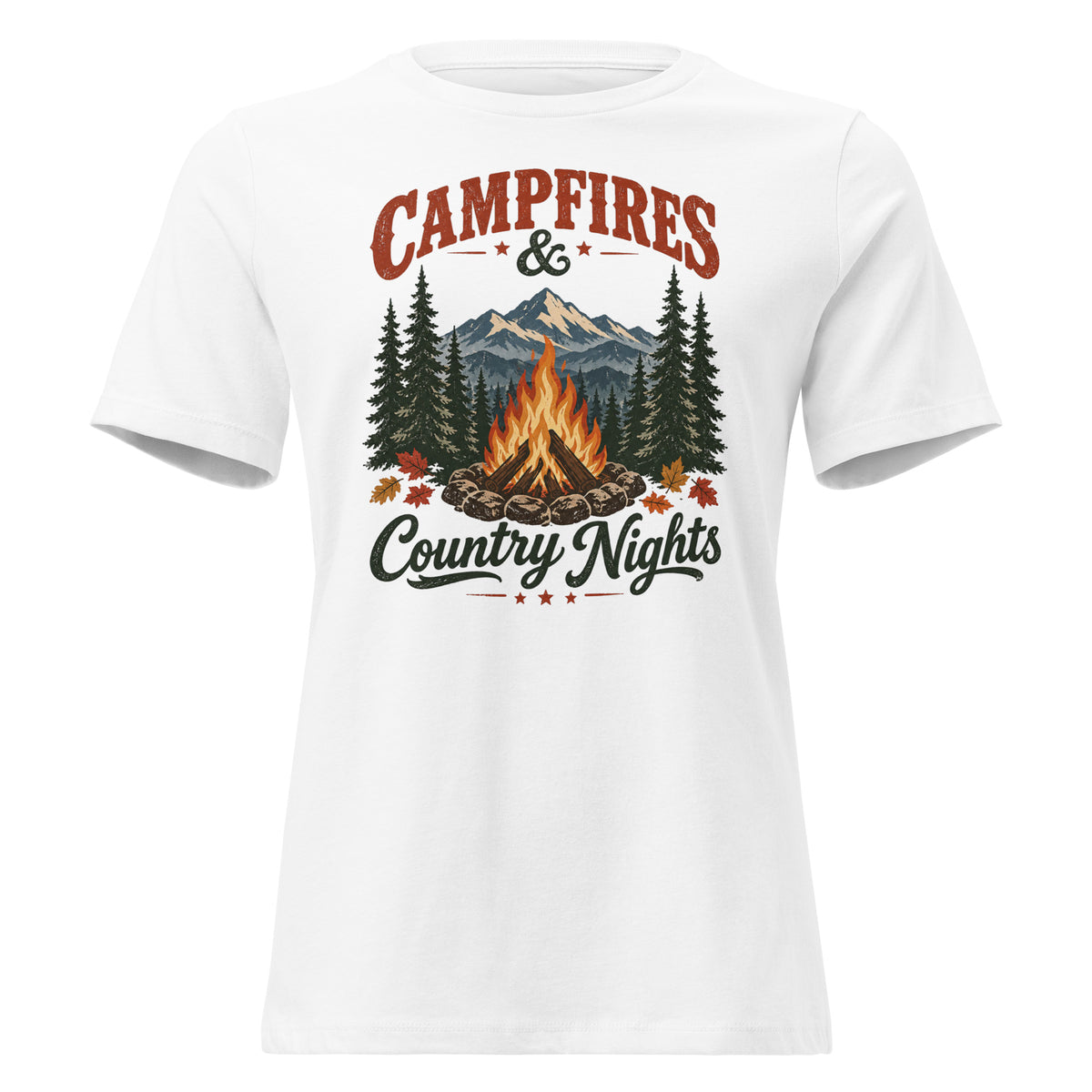 women's white t-shirt with wooded camping area graphic that says "Campfires & Country Nights"