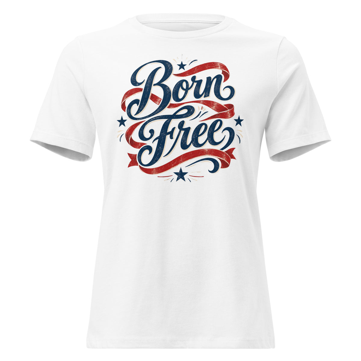 white women's shirt with Born Free in scripted lettering and a red ribbon lacing around the words