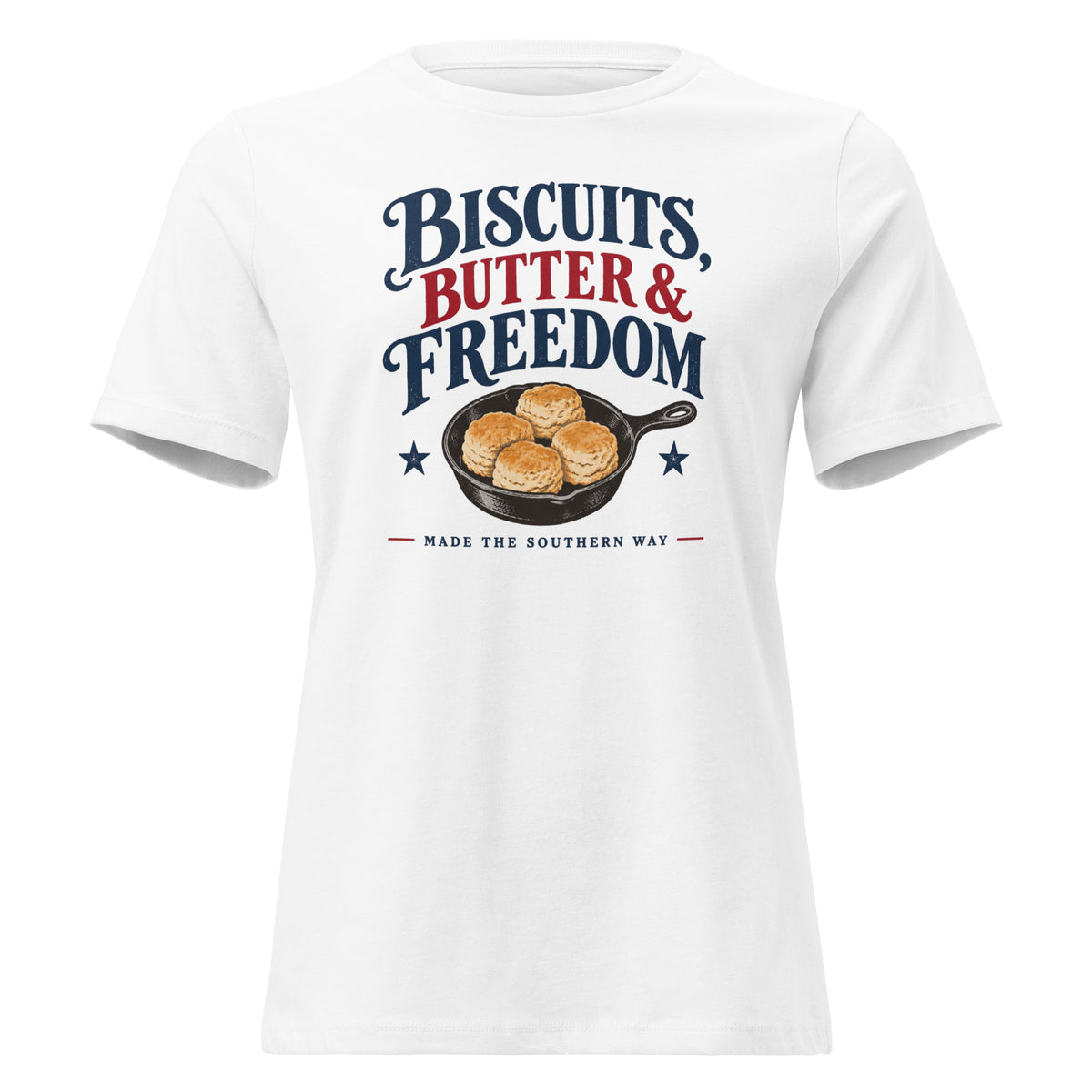 women's white t-shirt with cast iron skillet with biscuits in it that says "Biscuits, butter & Freedom"