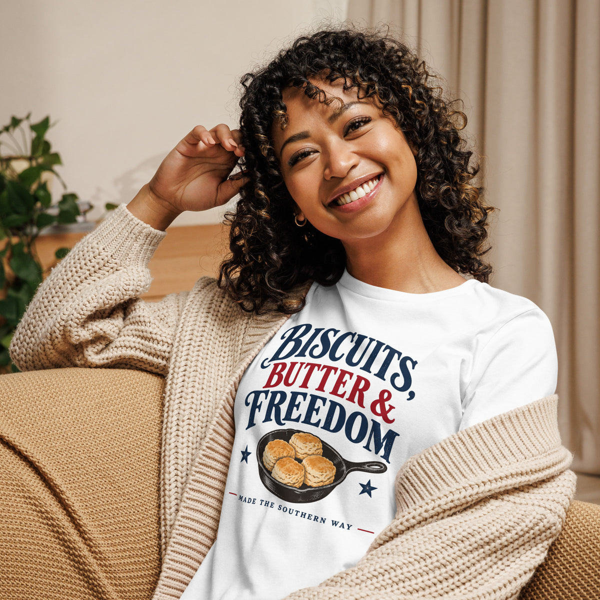 women's white t-shirt with cast iron skillet with biscuits in it that says "Biscuits, butter & Freedom"