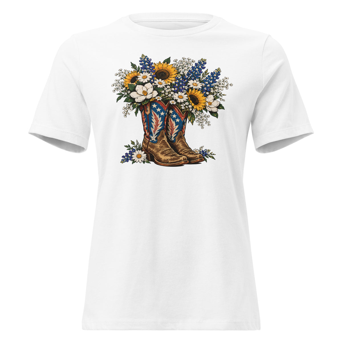 white women's t-shirt with red, white, blue cowgirl boots graphic with wildflowers coming out of it