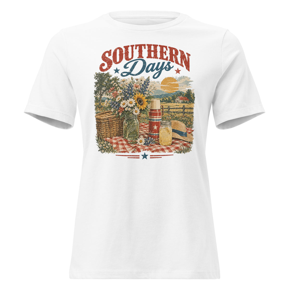 white women's t-shirt with red, white, blue southern picnic spread graphic, with Southern days across the top
