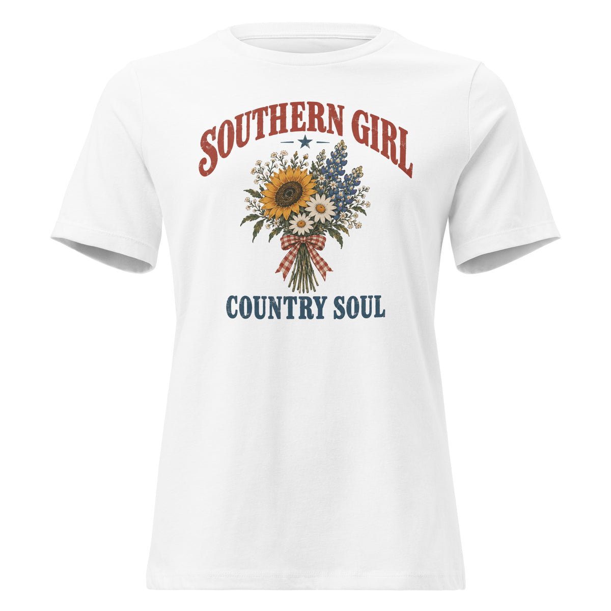 white women's t-shirt with Southern girl country soul written above and below a simple wildflower bouquet