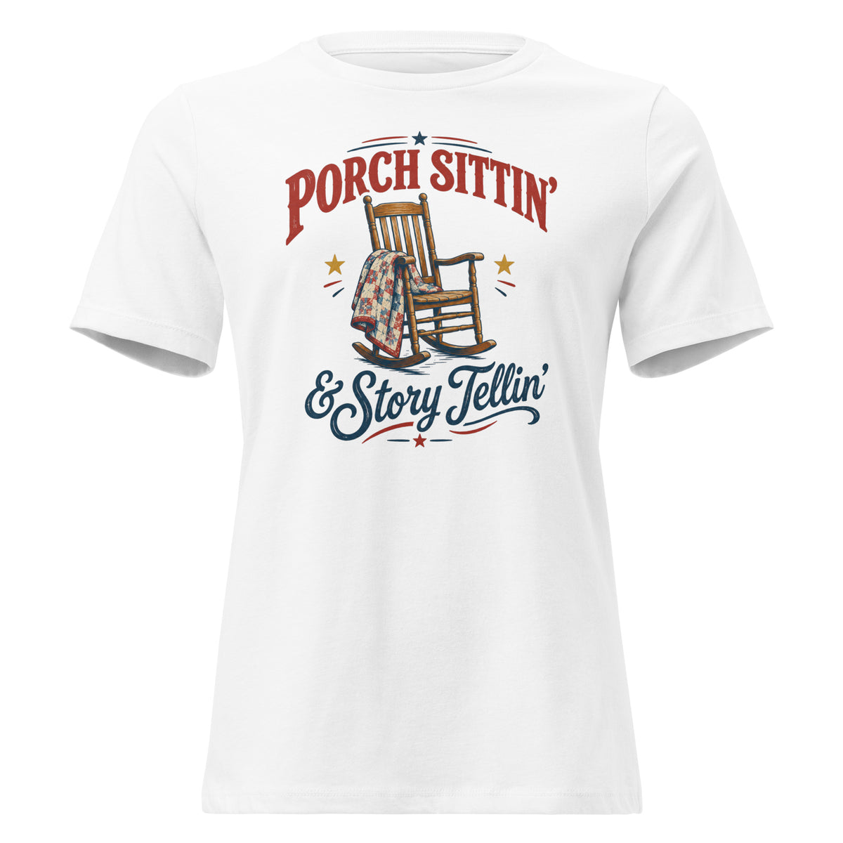 white women's t-shirt with rocking chair graphic that says "Porch sittin & Story tellin" in southern country vibe