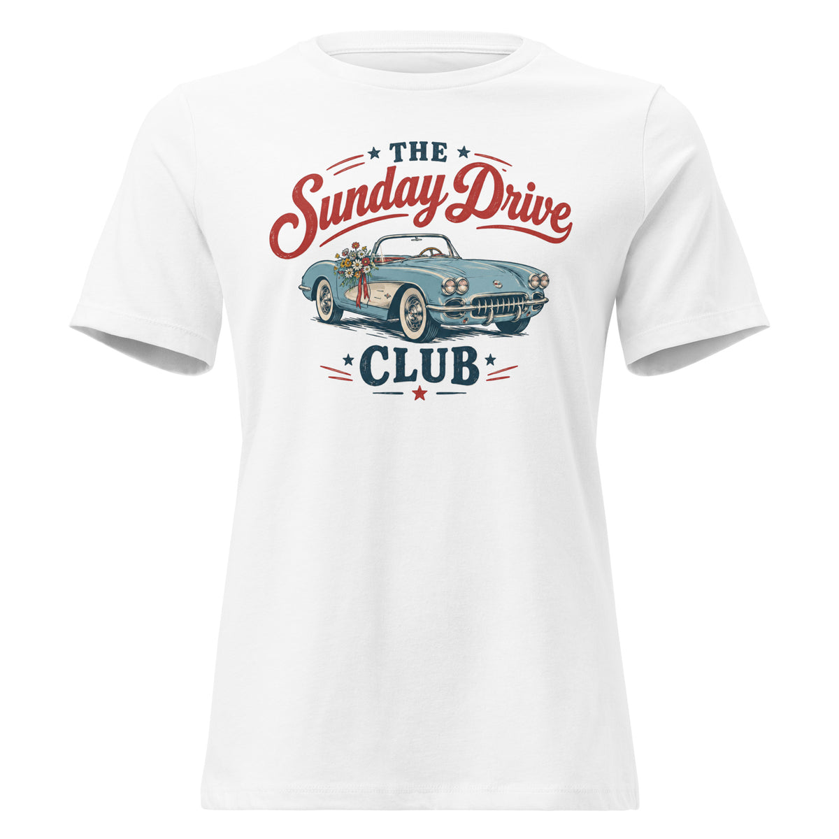 white women's t-shirt with vintage car graphic that says "the sunday drive club" 