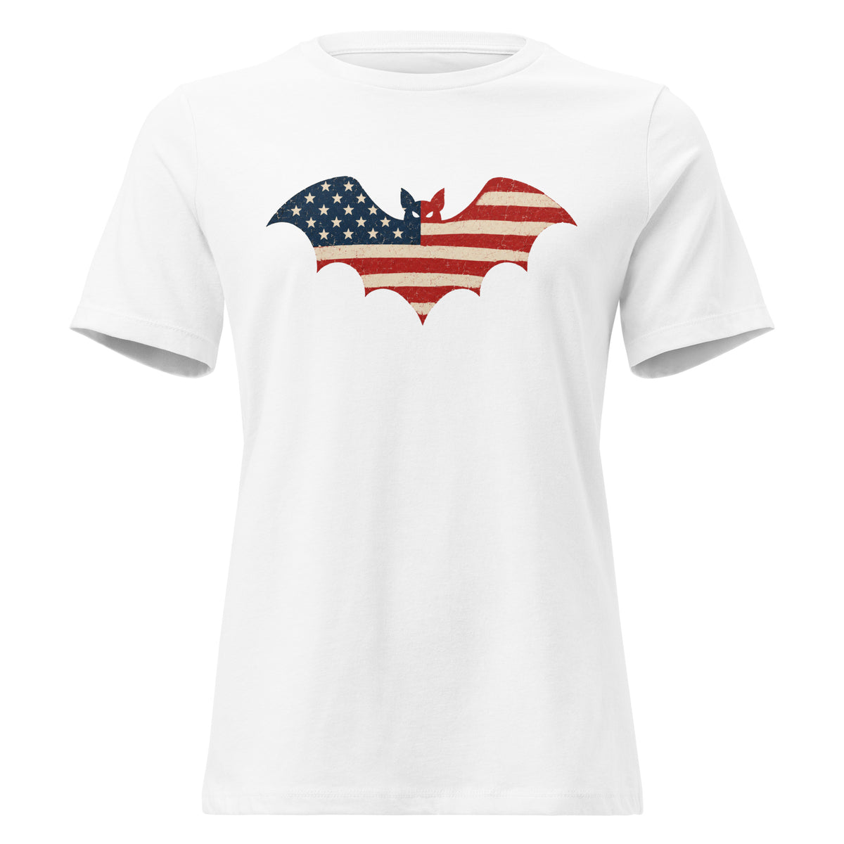 women's white t-shirt for Halloween with a simple bat silhouette filled with vintage American flag