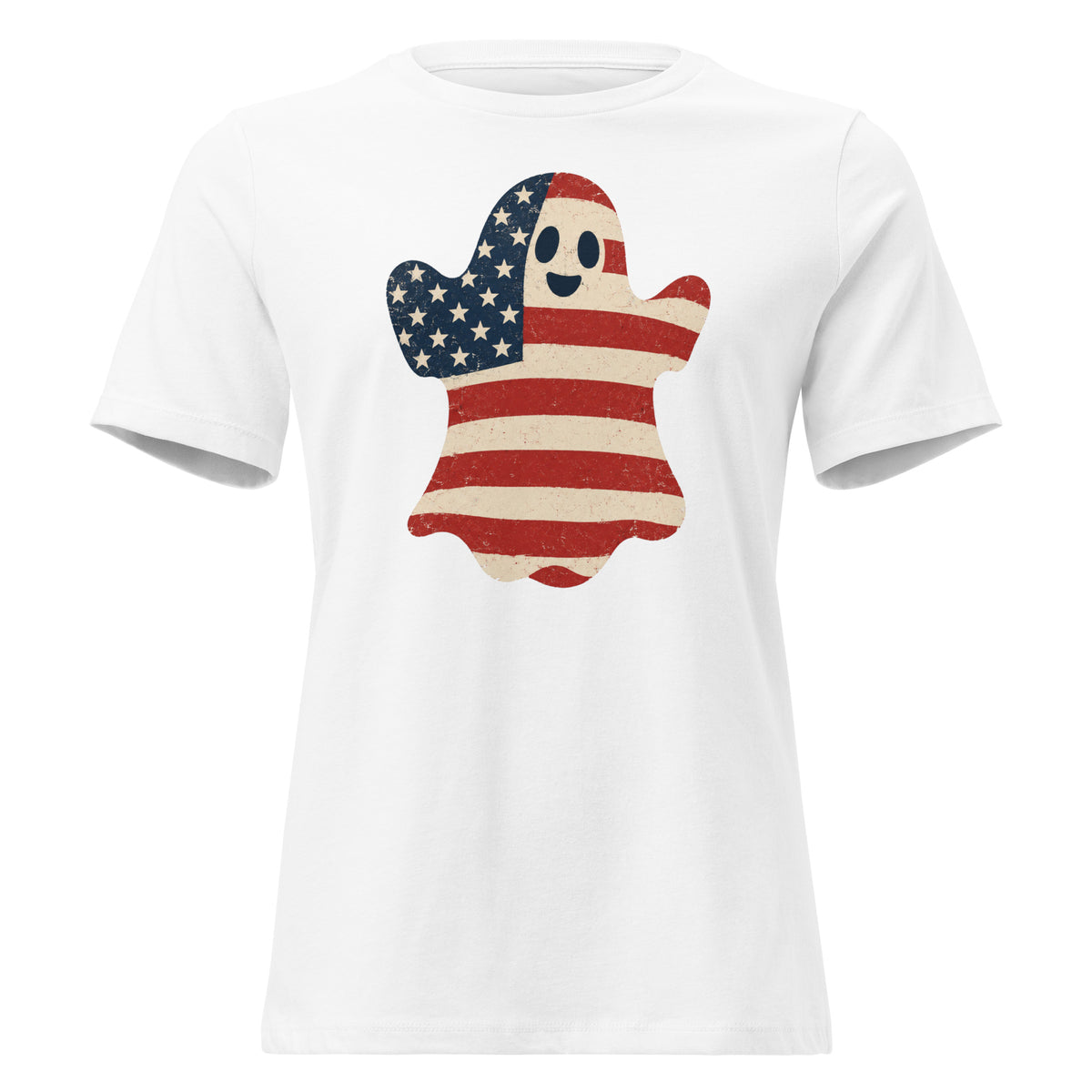 women's white t-shirt for Halloween with a simple ghost silhouette filled with vintage American flag