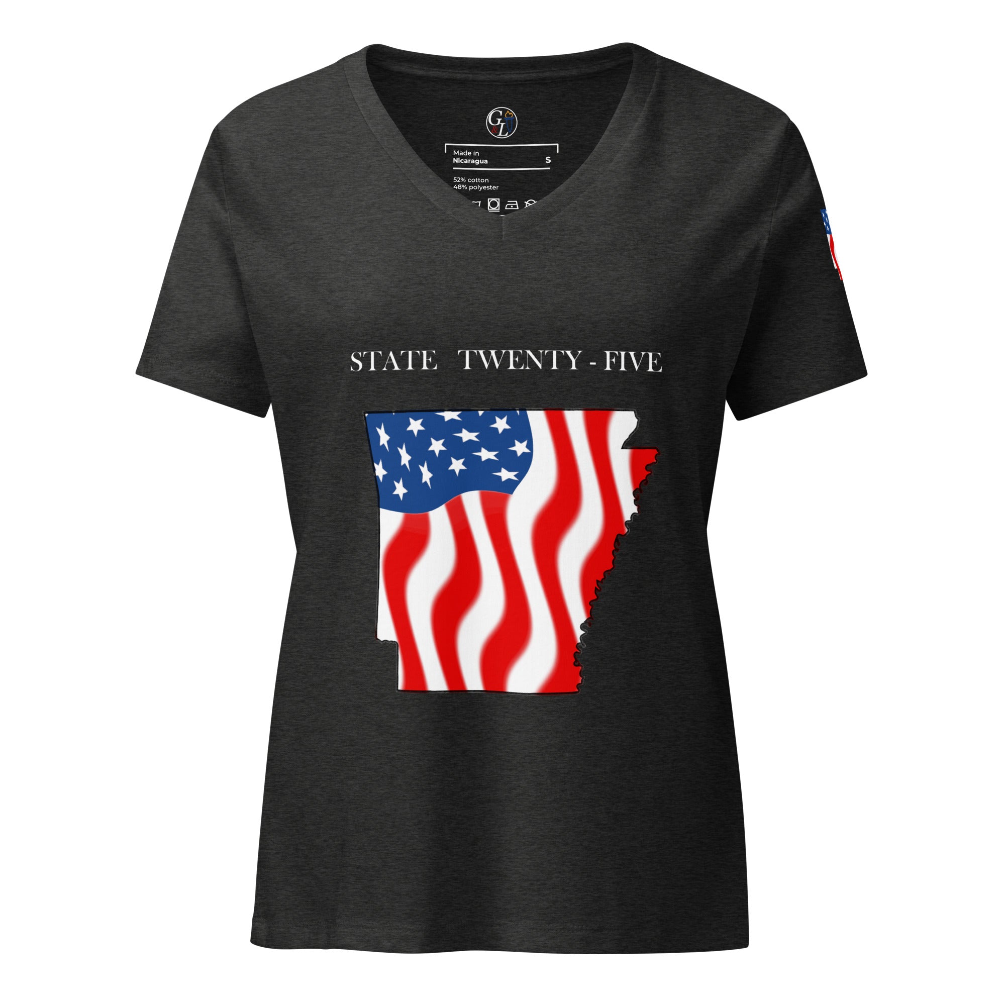 Gray women's patriotic American Flag Arkansas t-shirt