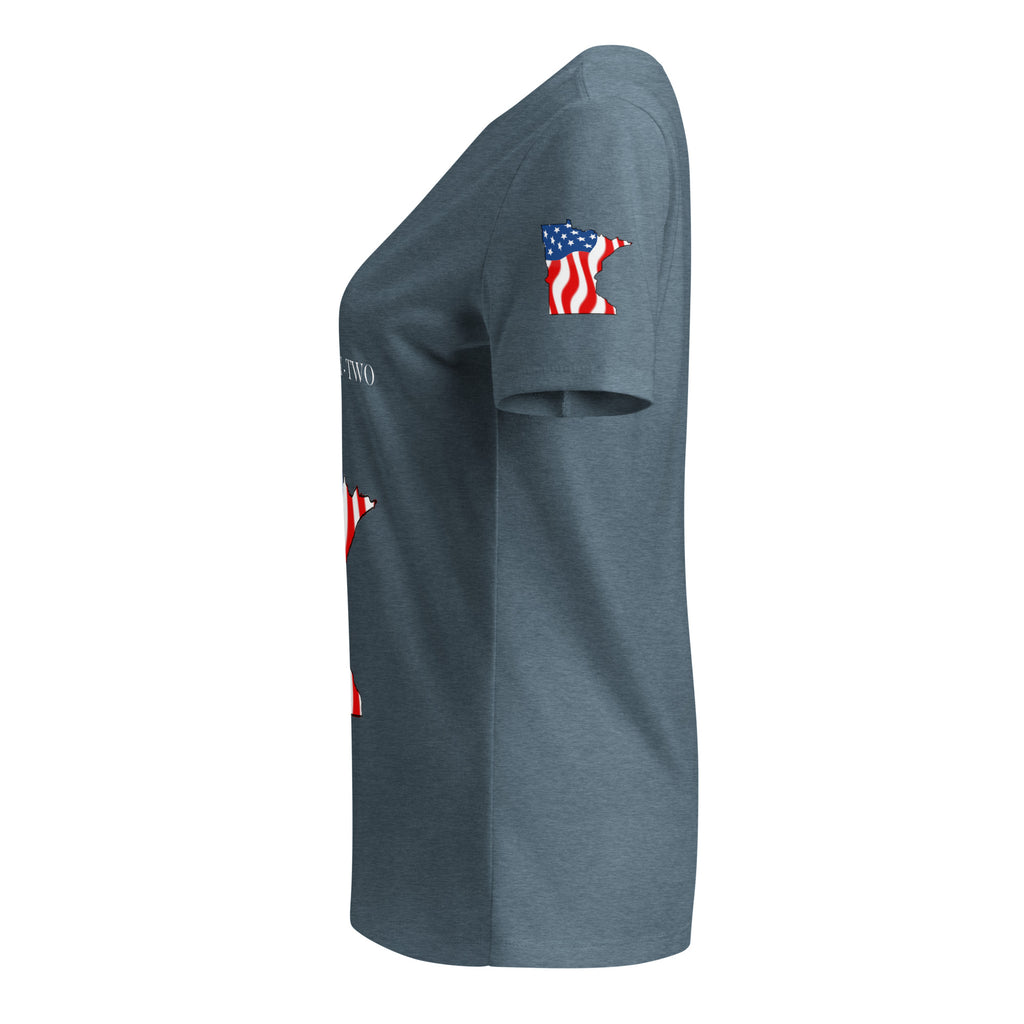Gray t-shirt with a logo on the sleeve against a white background