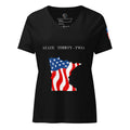 A black women's short-sleeve V-neck t-shirt featuring a graphic of the state silhouette of Minnesota filled with an American flag pattern and the text 'STATE THIRTY-TWO' printed in white above it.