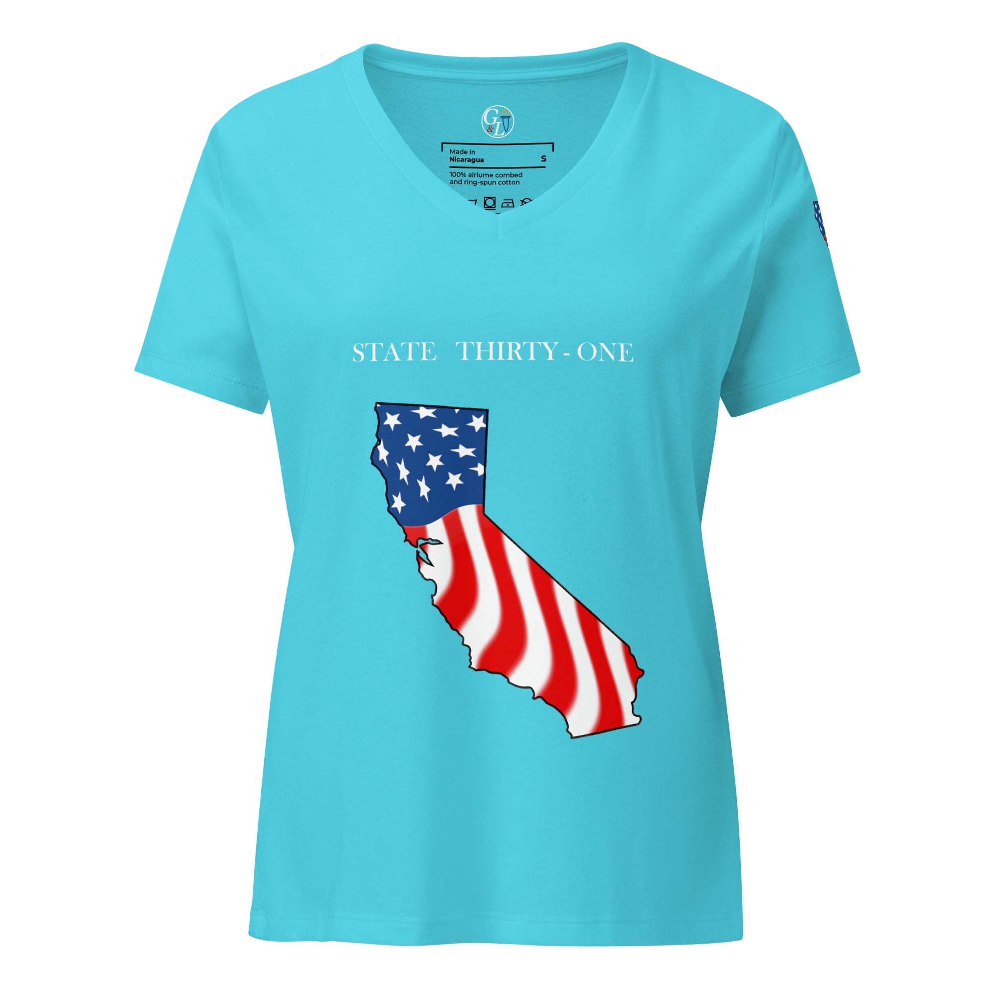 Teal women's patriotic American Flag California t-shirt